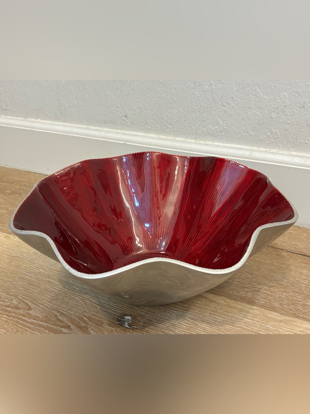 Simply Designz Red Aluminum Bowl Wavy Edge Decorative Centerpiece